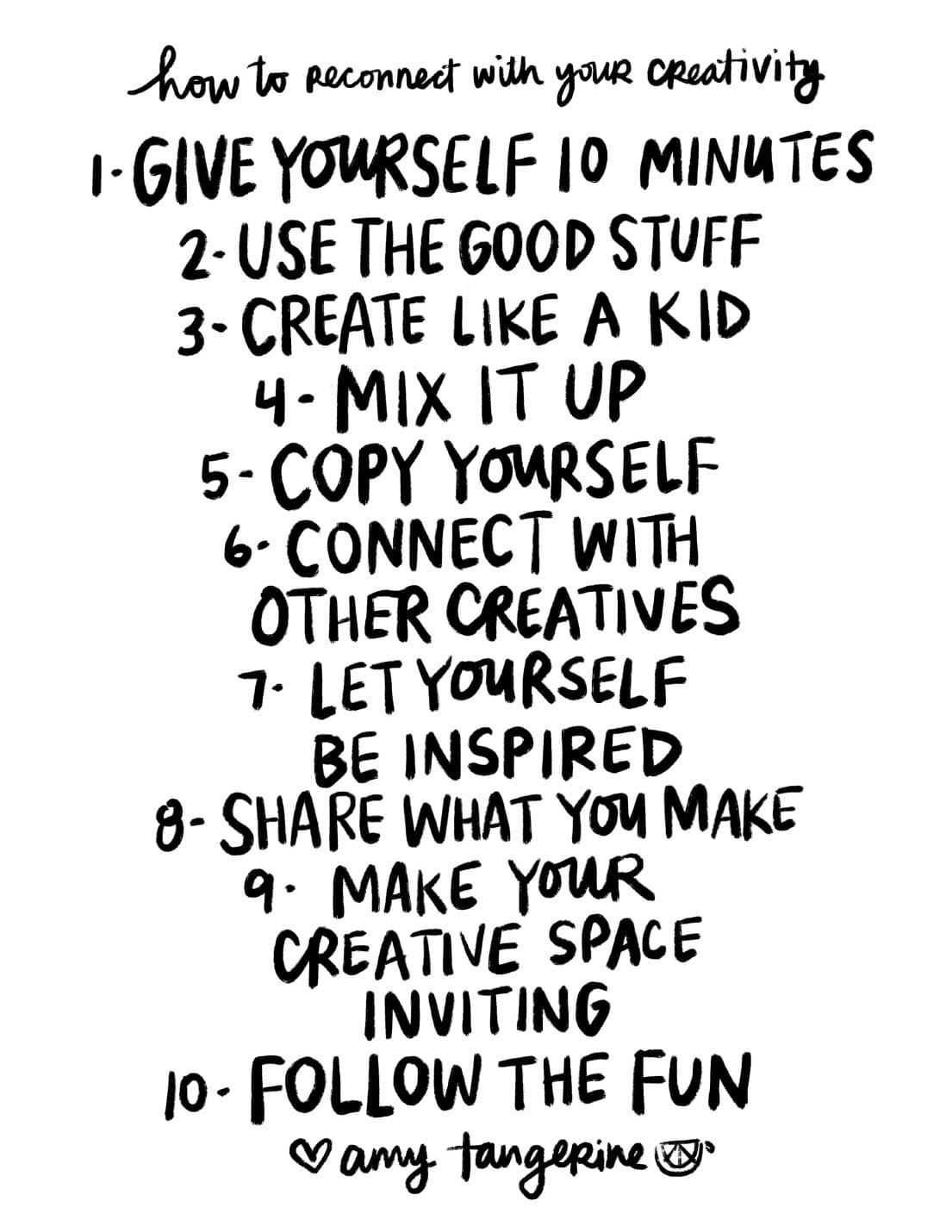 How to reconnect with your creativity: Amy's hand-lettered list of ten ways, as a printable sheet