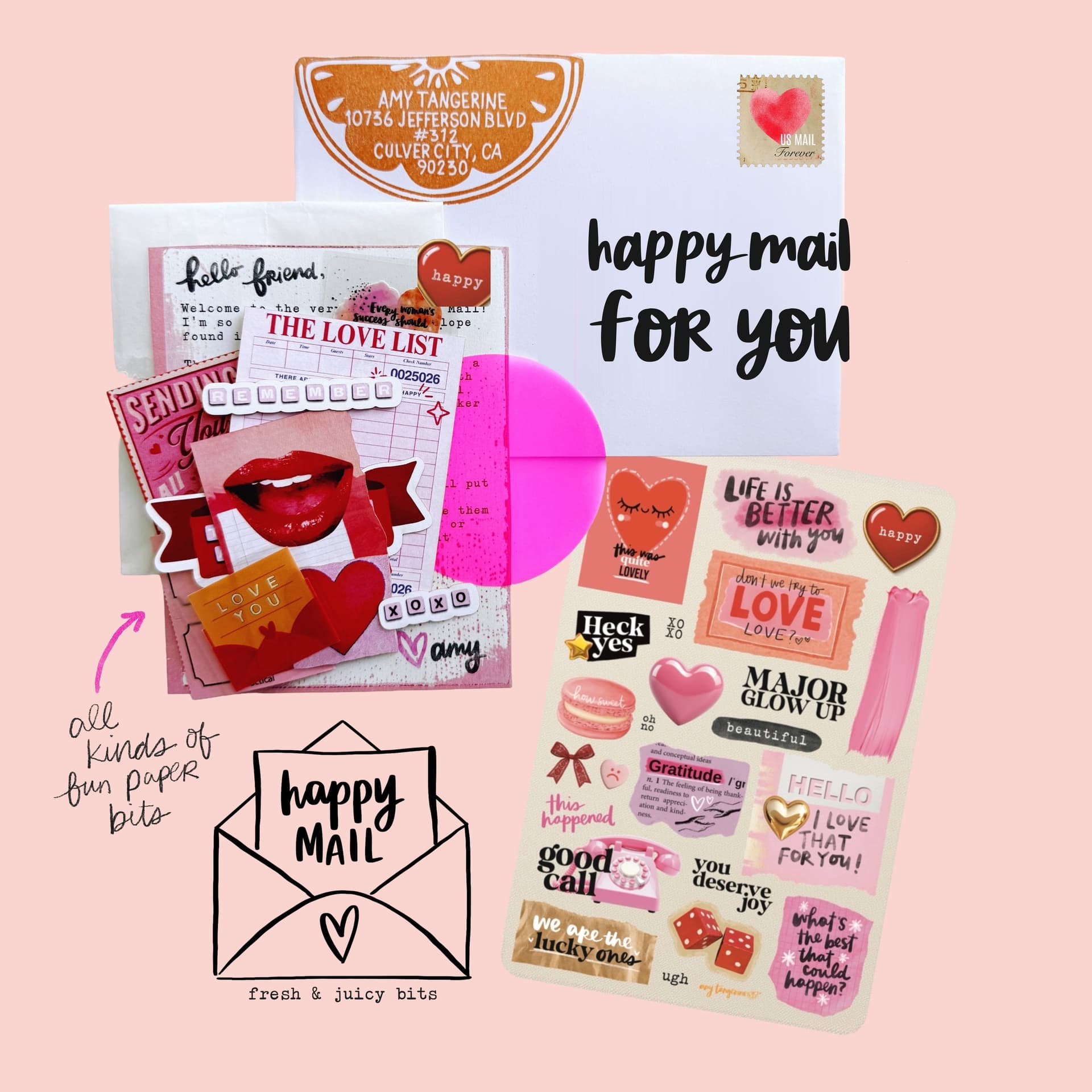A Happy Mail envelope lettered happy mail, for you, with the stickers, paper pieces, and note that come inside