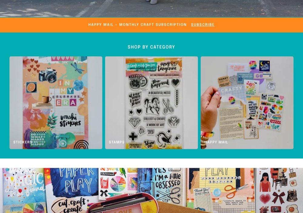 The teal category grid on the homepage