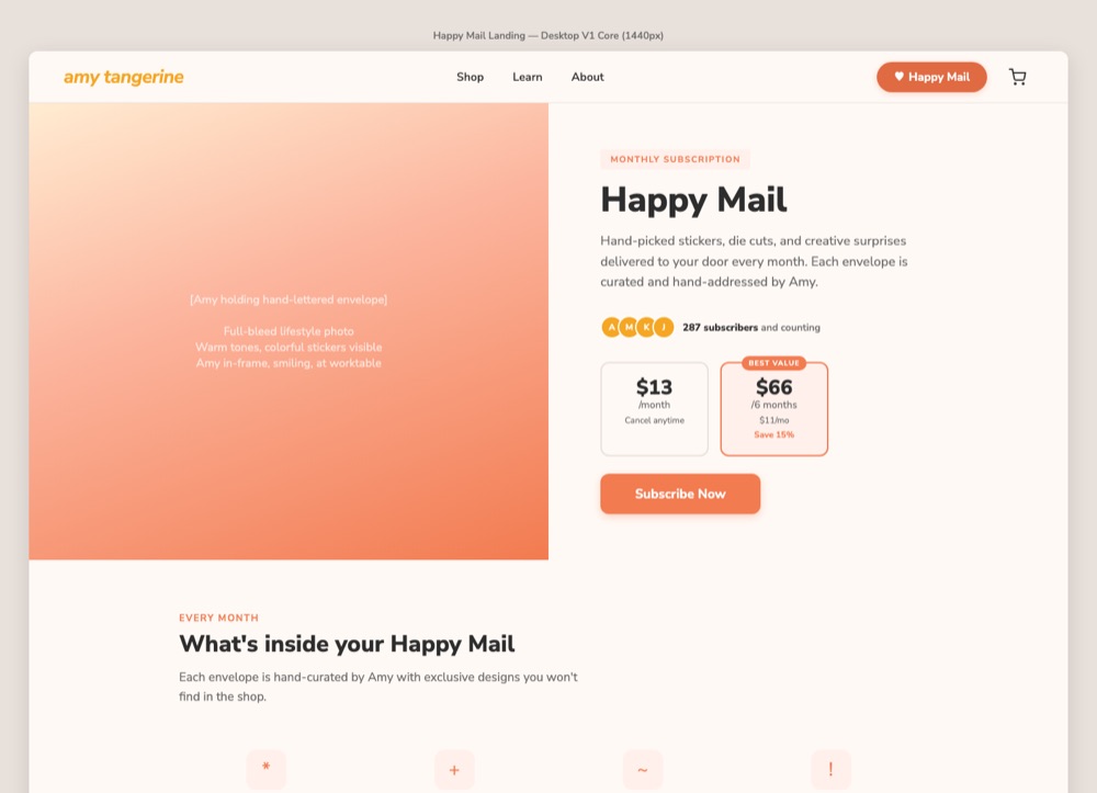 The April wireframe of the Happy Mail landing page